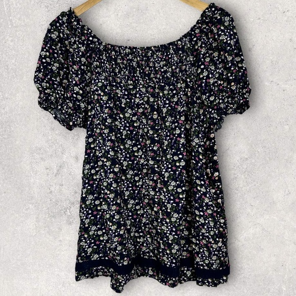 Easel Floral Lace Off The Shoulder Boho Mini Dress Size Large Navy Blue Bohemian - Picture 3 of 13